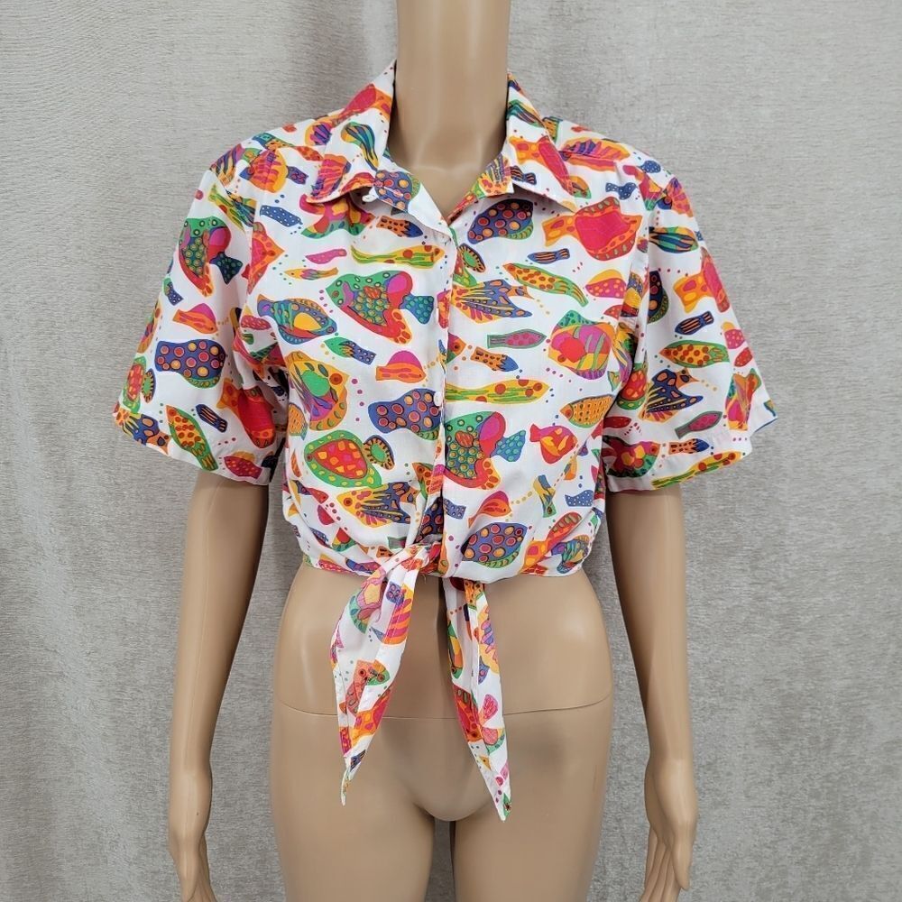 Westbound Vintage Colorful Tropical Fish Button Down Tie Front Crop Top Small